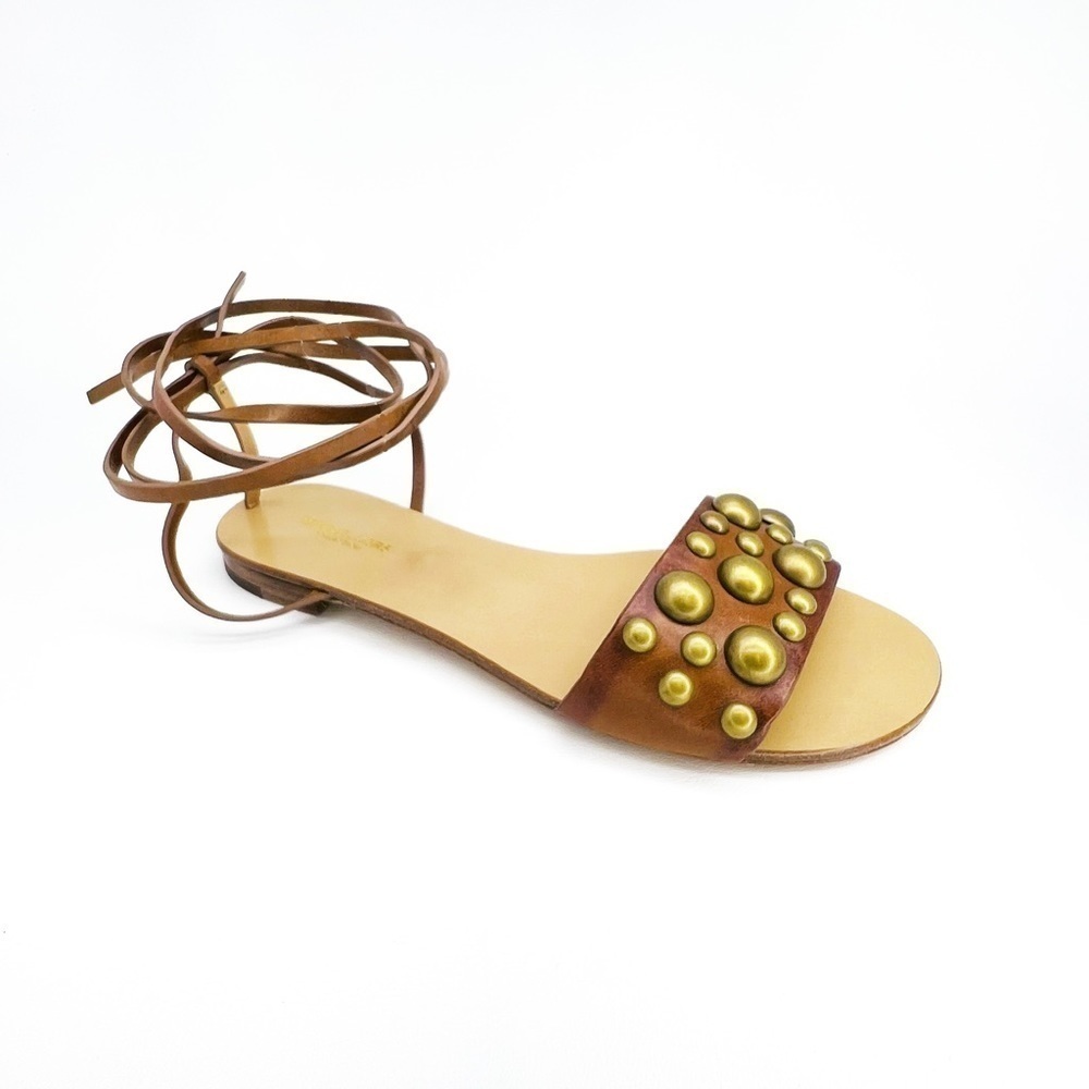 New Michael Kors Collection Mica Studded  Strappy Sandals Brown Leather Size 6.5 - Picture 2 of 13